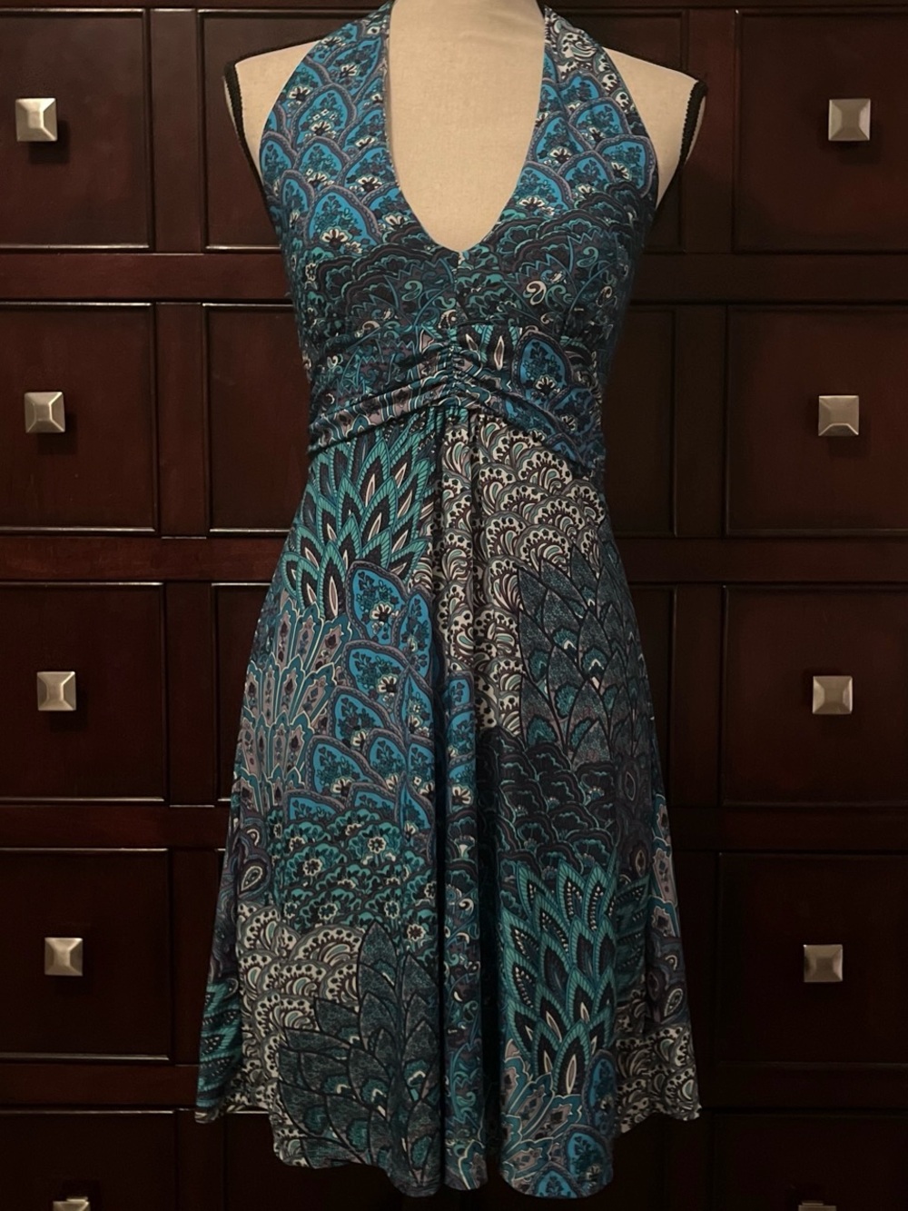 5th & Love Teal and Navy Midi Halter Dress
